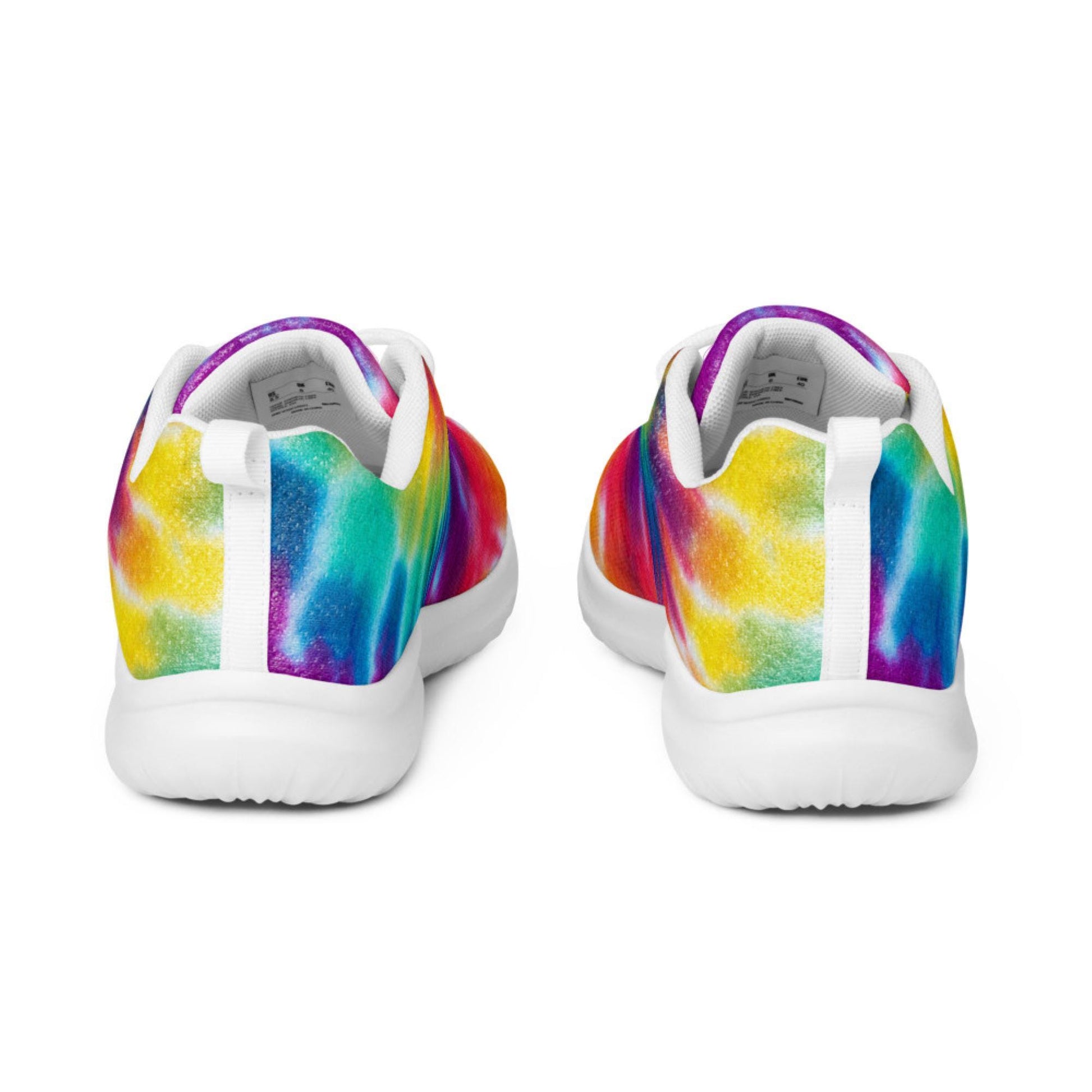Back view of rainbow tie-dye athletic sneakers with white soles, pull tabs, and cushioned collars—designed for comfort, support, and vibrant everyday style.