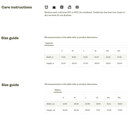 A size and care guide for a T-shirt is shown. At the top, care instructions include: machine wash cold (max 30°C or 90°F), do not bleach, tumble dry low heat, iron or steam dry with low heat, and do not dry clean. Icons for each instruction are displayed above the text.
Below, the size guide is presented in two tables:
Imperial measurements (in inches):
Sizes range from S to 3XL.
Width: 17.25&quot; (S) to 27.25&quot; (3XL)
Height: 25.51&quot; (S) to 29.00&quot; (3XL)
Also gives metric sizes.