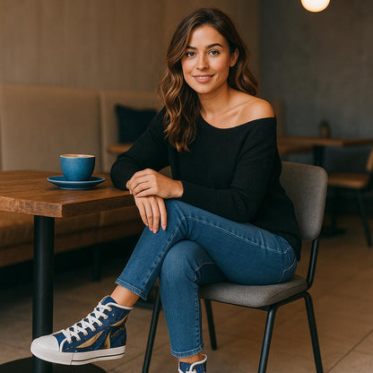 Woman sitting comfortably in a modern café, wearing a black off-the-shoulder sweater, blue jeans, and navy high-top sneakers with gold accents. She is smiling at the camera with a cup of coffee on the wooden table beside her, surrounded by cozy and minimalistic décor.