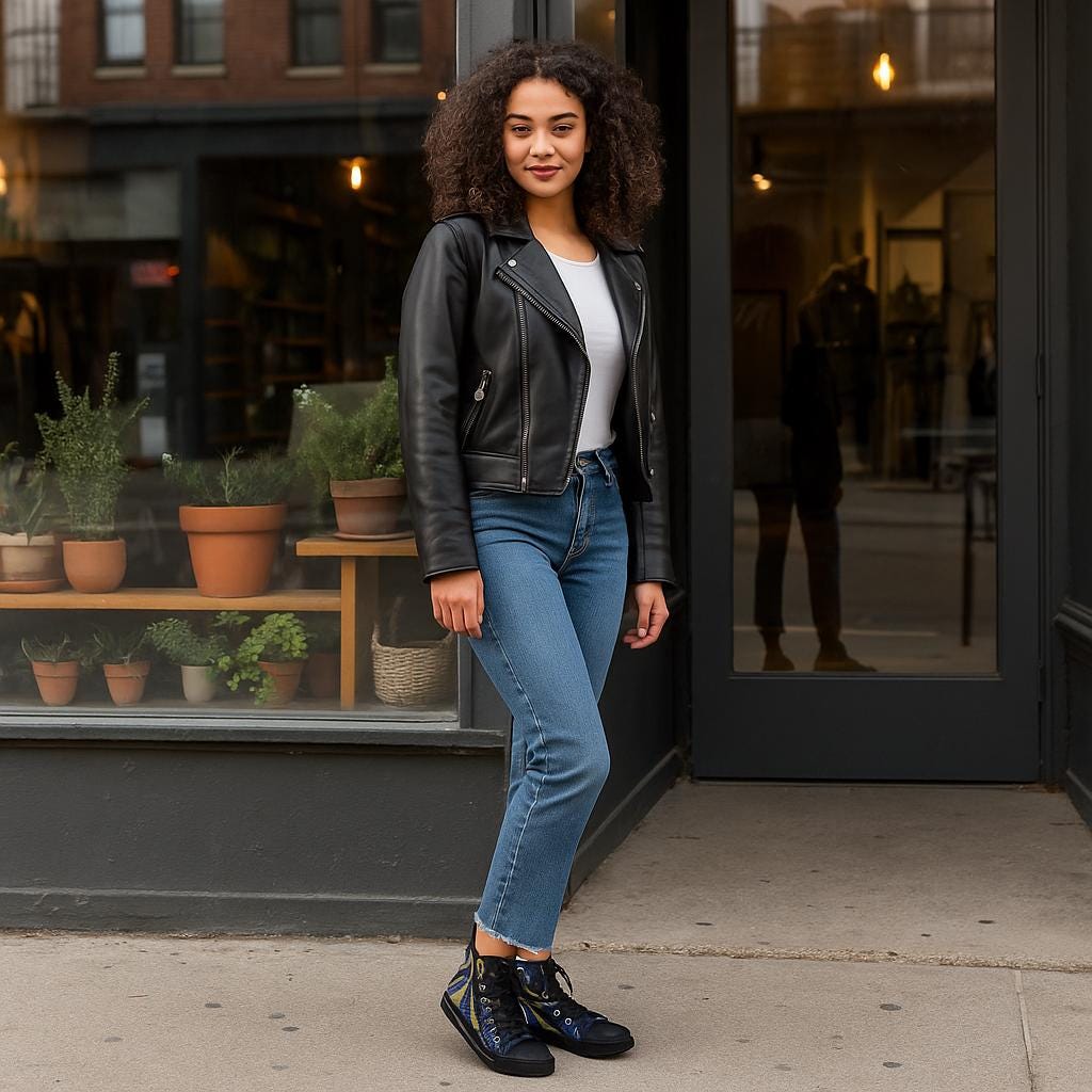 Woman standing confidently outside a boutique storefront, wearing a black leather jacket, white top, blue jeans, and black high-top sneakers with gold and blue celestial designs. The background features potted plants displayed in a window and reflections of the street behind her.