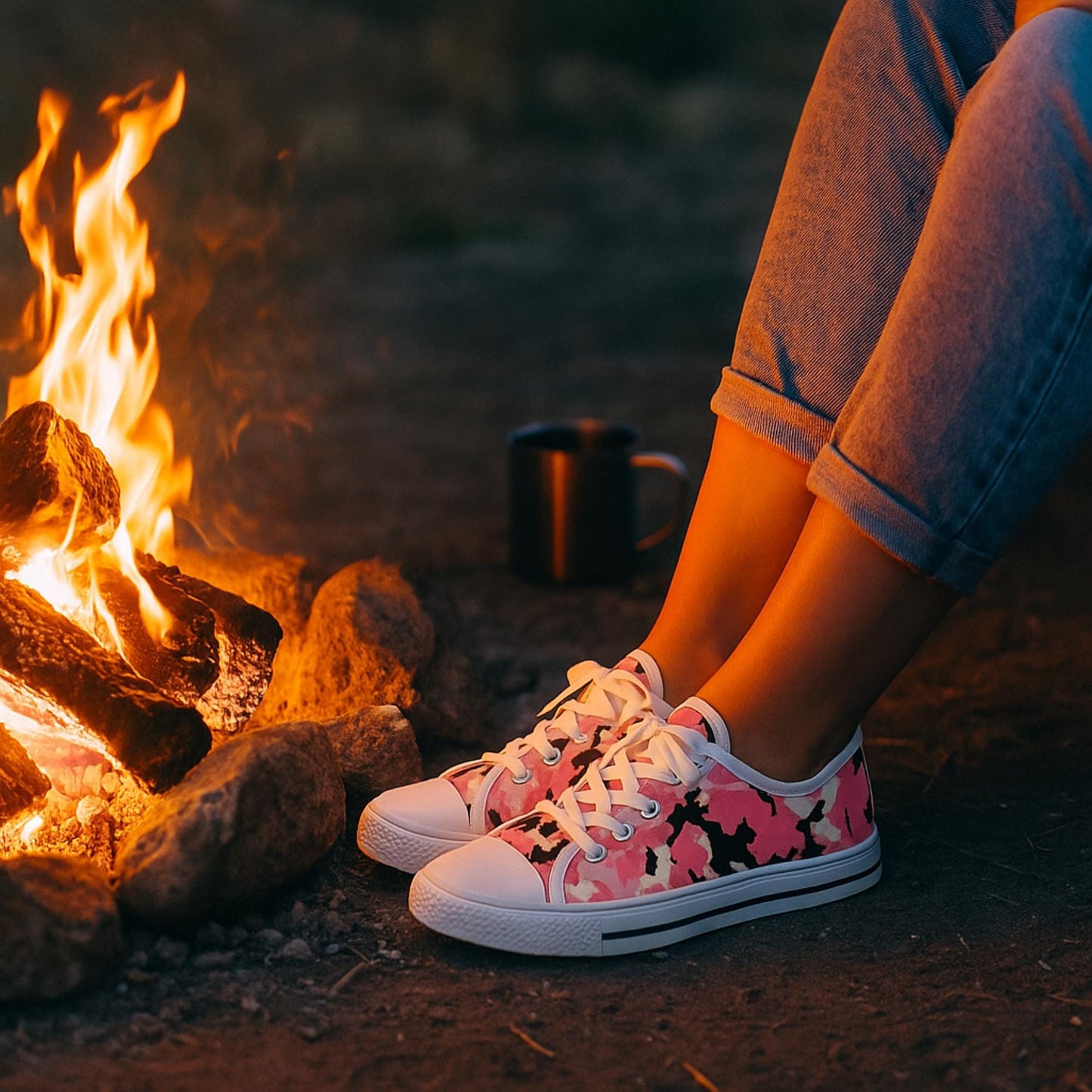 A woman relaxing by a campfire wearing pink camouflage canvas sneakers with white laces and rubber soles, paired with cuffed jeans—perfect for cozy outdoor adventures and casual camping style.