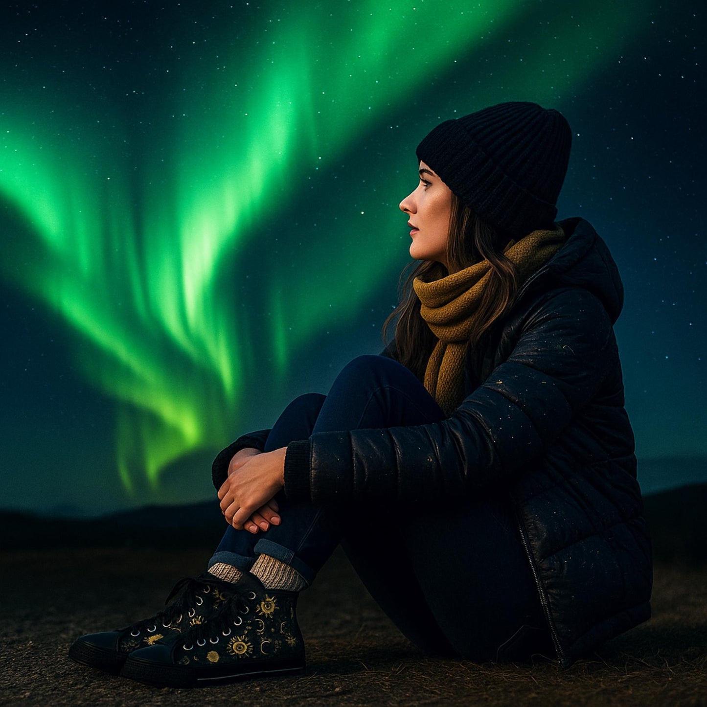 A woman sits outdoors at night, bundled in a black puffer jacket, knit hat, and mustard scarf, gazing at the glowing green Northern Lights in the sky. She has her arms wrapped around her knees and is wearing dark high-top sneakers decorated with celestial sun, moon, and star patterns. The scene is serene and magical, set against a star-filled sky.