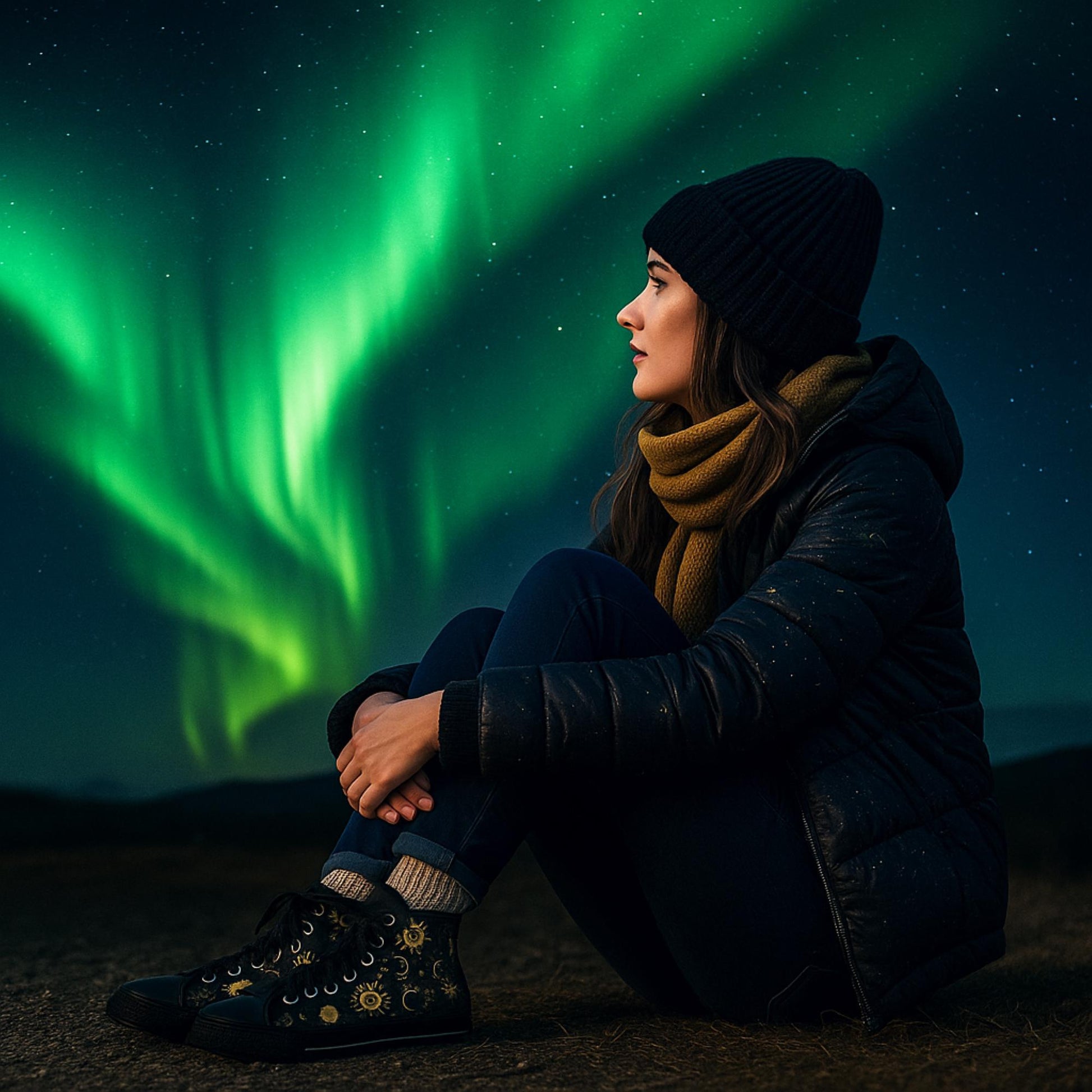 A woman sits outdoors at night, bundled in a black puffer jacket, knit hat, and mustard scarf, gazing at the glowing green Northern Lights in the sky. She has her arms wrapped around her knees and is wearing dark high-top sneakers decorated with celestial sun, moon, and star patterns. The scene is serene and magical, set against a star-filled sky.