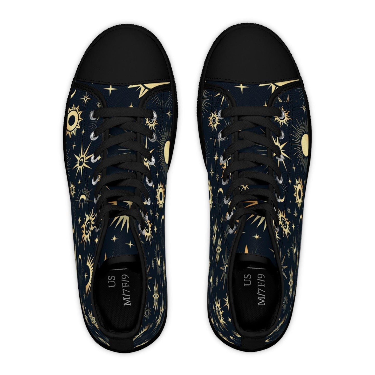 Top-down view of a pair of high-top sneakers with a celestial design featuring golden suns, moons, and stars on a dark navy background. The shoes have black laces, black rubber toe caps, and black insoles labeled “US M7/F9.” The design is symmetrical and bold, blending cosmic elegance with a modern, edgy style.