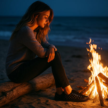 A young woman with long wavy hair is sitting on a log at the beach near a campfire during twilight. She is wearing a gray sweater, dark jeans, and black sneakers with gold star details. The firelight softly illuminates her face as she looks down thoughtfully, with the ocean and darkening sky in the background.