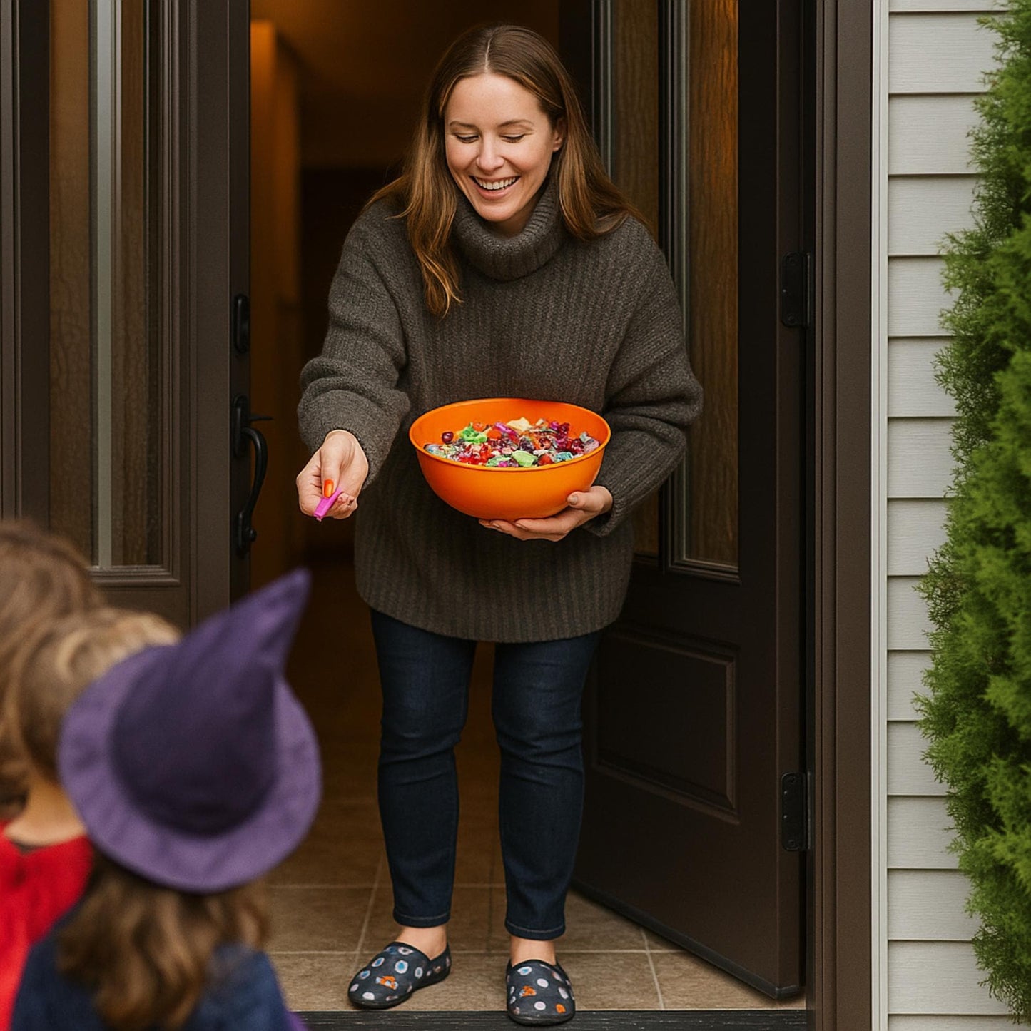 A smiling woman stands at her front door wearing Halloween-themed slippers with ghost, pumpkin, and bat designs. She holds an orange bowl filled with candy and is handing a treat to children dressed in Halloween costumes, including one in a purple witch hat.