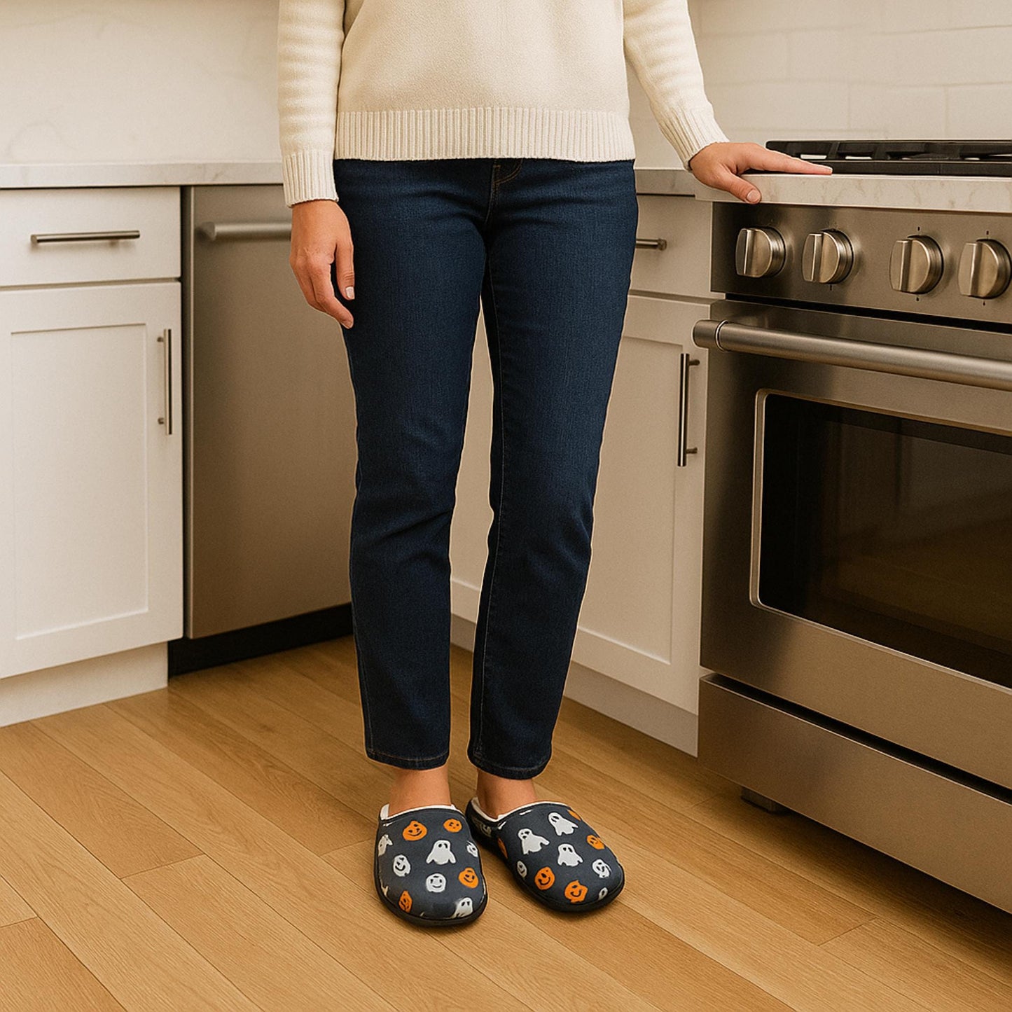 Person standing in a modern kitchen wearing festive Halloween-themed slippers decorated with ghosts, pumpkins, and bats. The individual is dressed in dark jeans and a cream sweater, with one hand resting on a stainless steel oven. The setting features white cabinets and wood flooring.