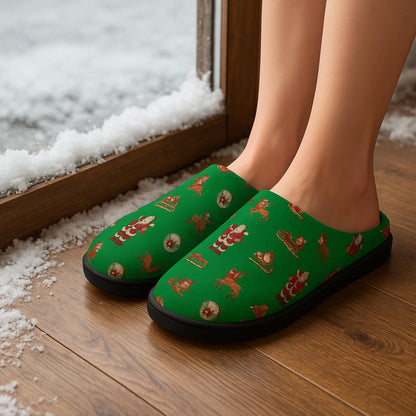 Green Christmas Slippers: Santa and Reindeer Flannel Fleece House Shoes