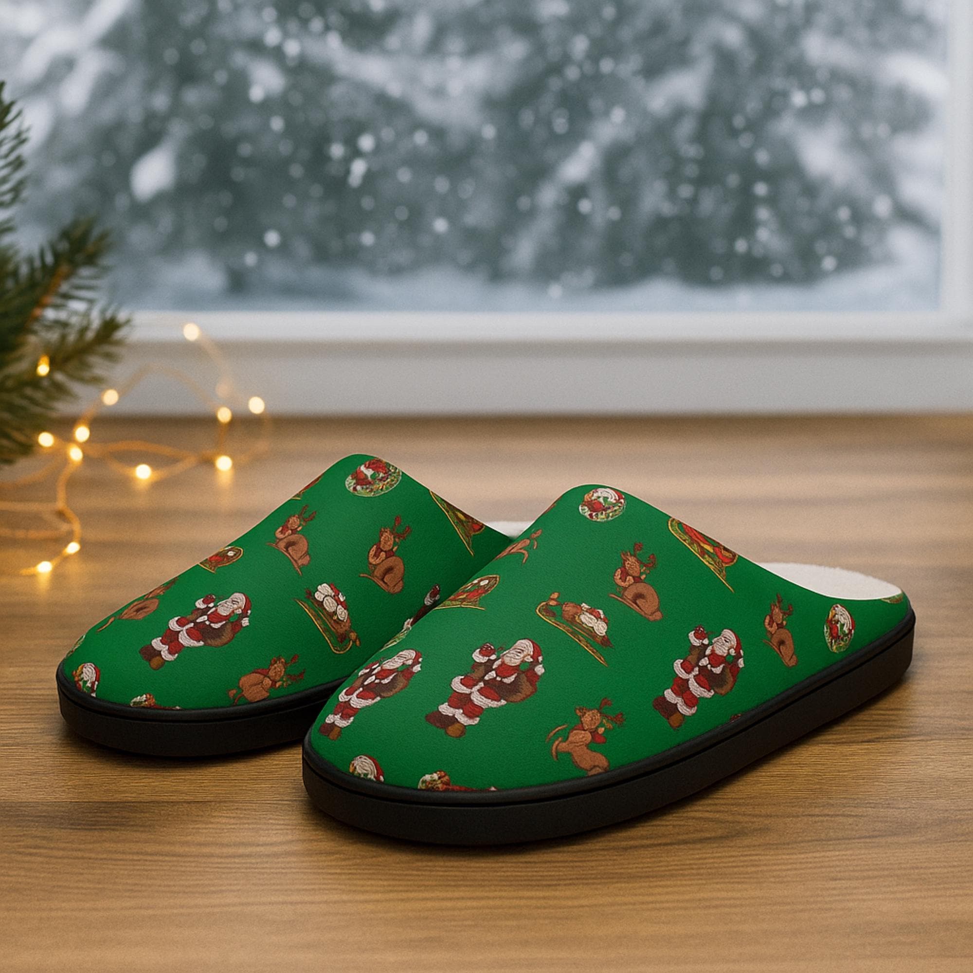 Green Christmas Slippers: Santa and Reindeer Flannel Fleece House Shoes