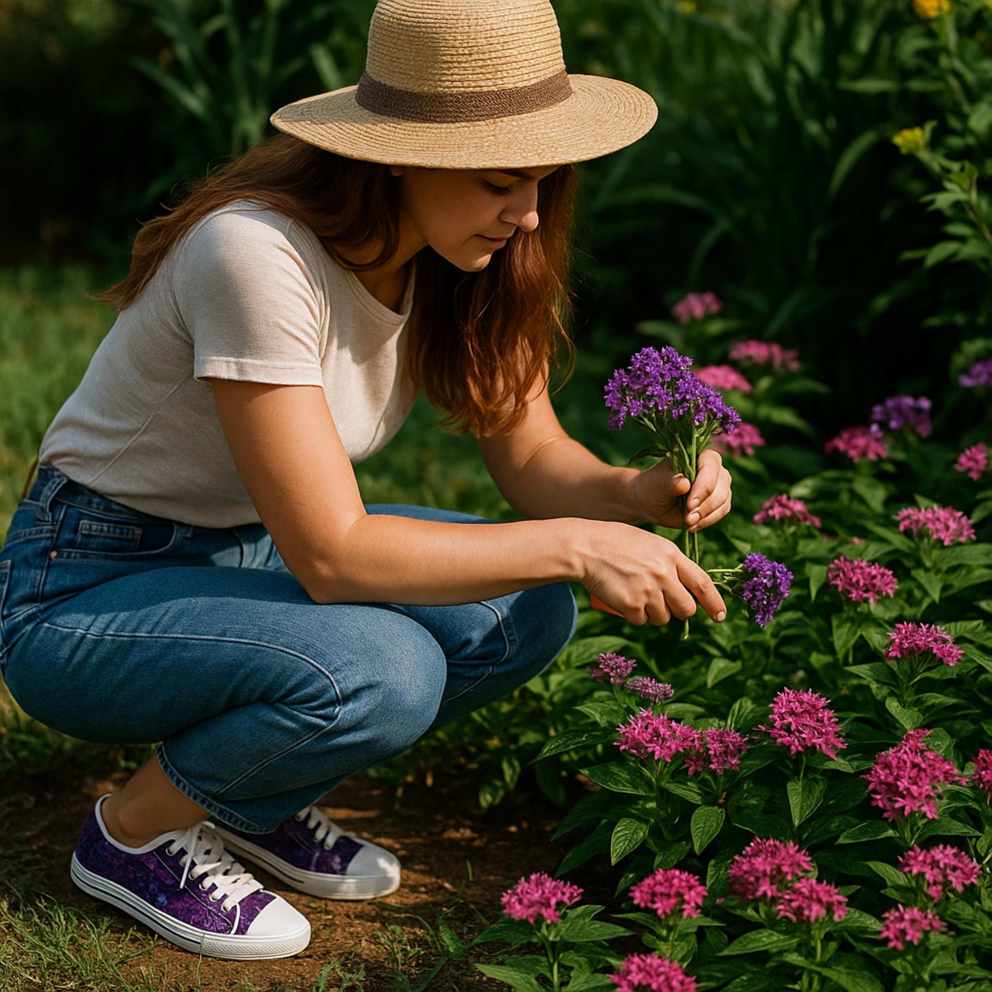A woman wearing a straw hat, light beige T-shirt, and blue jeans is crouching in a flower garden, gently picking a bunch of purple flowers. She is wearing low-top sneakers with a purple floral pattern, white laces, and white rubber toe caps. Surrounding her are vibrant pink and purple blossoms and lush green foliage, creating a peaceful and colorful outdoor setting.