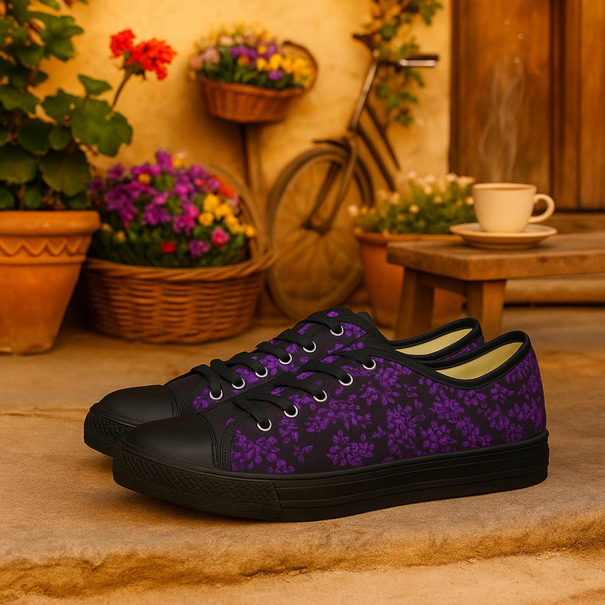 A pair of low-top sneakers with a deep black base and a dark purple floral pattern is placed on a warm stone patio. The shoes feature black laces, black rubber toe caps, and black soles. In the background, there are terra cotta pots filled with vibrant flowers, a rustic bicycle leaning against a wall, and a steaming cup of coffee on a wooden table, creating a cozy, garden-themed ambiance.