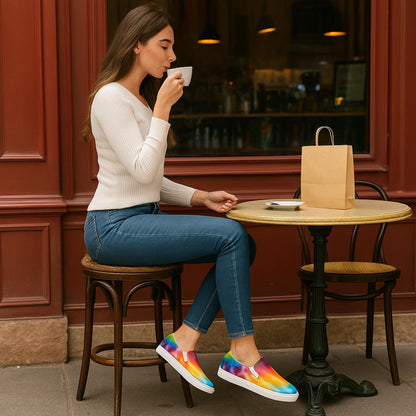 Stylish woman sitting at an outdoor café wearing vibrant rainbow tie-dye slip-on sneakers, sipping coffee in a casual chic outfit with skinny jeans and a white ribbed sweater. The slip-on shoes feature a multicolor blend of red, orange, yellow, green, blue, and purple hues in a fluid, watercolor-style design. These eye-catching canvas sneakers offer a bold, artistic look—perfect for everyday streetwear or expressive fashion lovers.