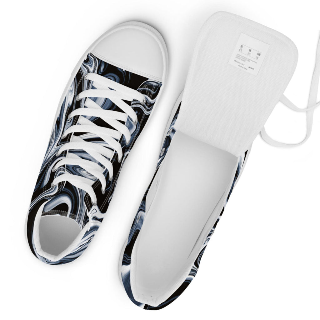 Top view of a pair of high-top sneakers with a bold black, white, and blue marble swirl pattern. One shoe is fully laced, while the other has its tongue pulled forward to reveal the size tag inside. The shoes feature white laces, toe caps, and inner lining, set against a clean white background.