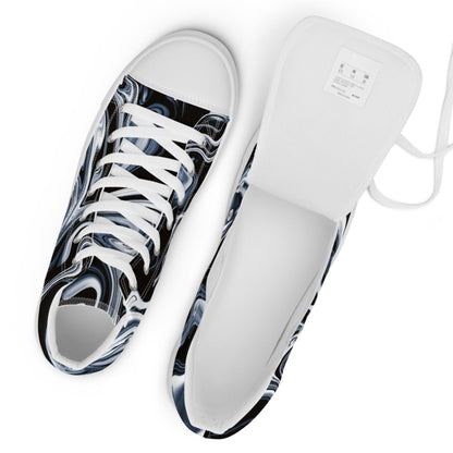 Top view of a pair of high-top sneakers with a bold black, white, and blue marble swirl pattern. One shoe is fully laced, while the other has its tongue pulled forward to reveal the size tag inside. The shoes feature white laces, toe caps, and inner lining, set against a clean white background.