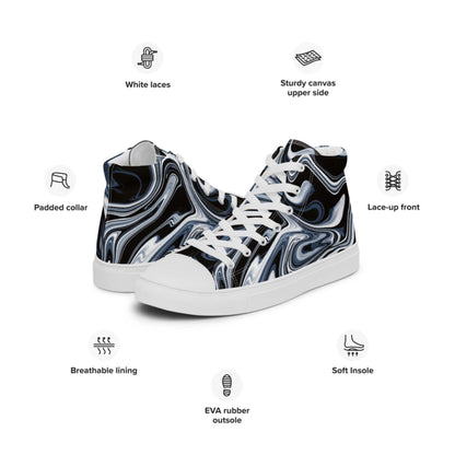 High-top sneakers with a striking black, white, and blue marble swirl design, surrounded by labeled feature icons. Highlights include white laces, sturdy canvas upper side, lace-up front, padded collar, breathable lining, EVA rubber outsole, and soft insole—all designed for style and comfort.
