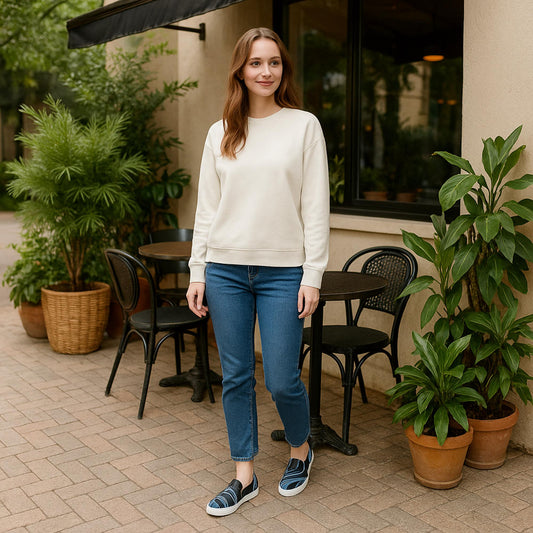 Woman modeling black and white abstract slip-on canvas shoes, paired with classic blue jeans and a cream sweatshirt, standing outside a cozy café with potted plants and black bistro chairs