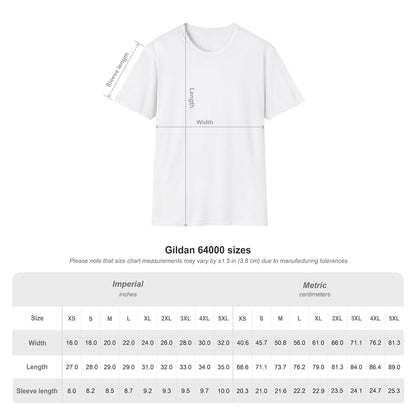 Gildan 64000 t-shirt size chart with measurement guide in inches and centimeters for width, length, and sleeve length — includes sizes XS to 5XL for accurate unisex fit selection.
