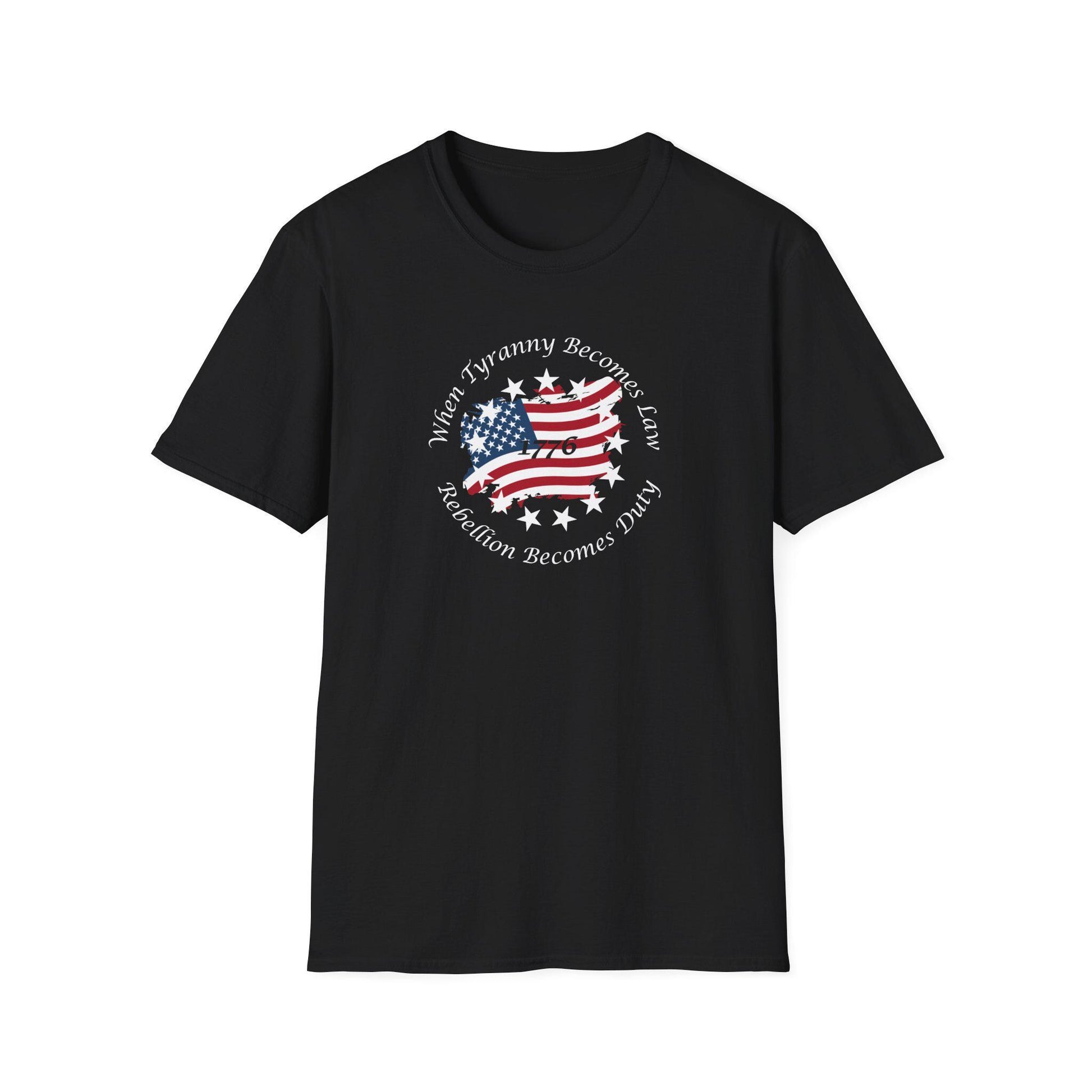 Black unisex t-shirt featuring a distressed American flag design with the quote &quot;When Tyranny Becomes Law, Rebellion Becomes Duty&quot; and the year 1776—patriotic graphic tee ideal for Independence Day and freedom-loving apparel.