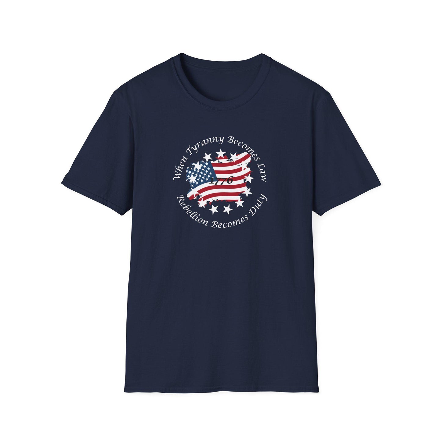 Navy blue unisex t-shirt with a vintage American flag graphic and the quote &quot;When Tyranny Becomes Law, Rebellion Becomes Duty&quot; surrounding the year 1776—bold patriotic shirt perfect for 4th of July and freedom-loving statements.