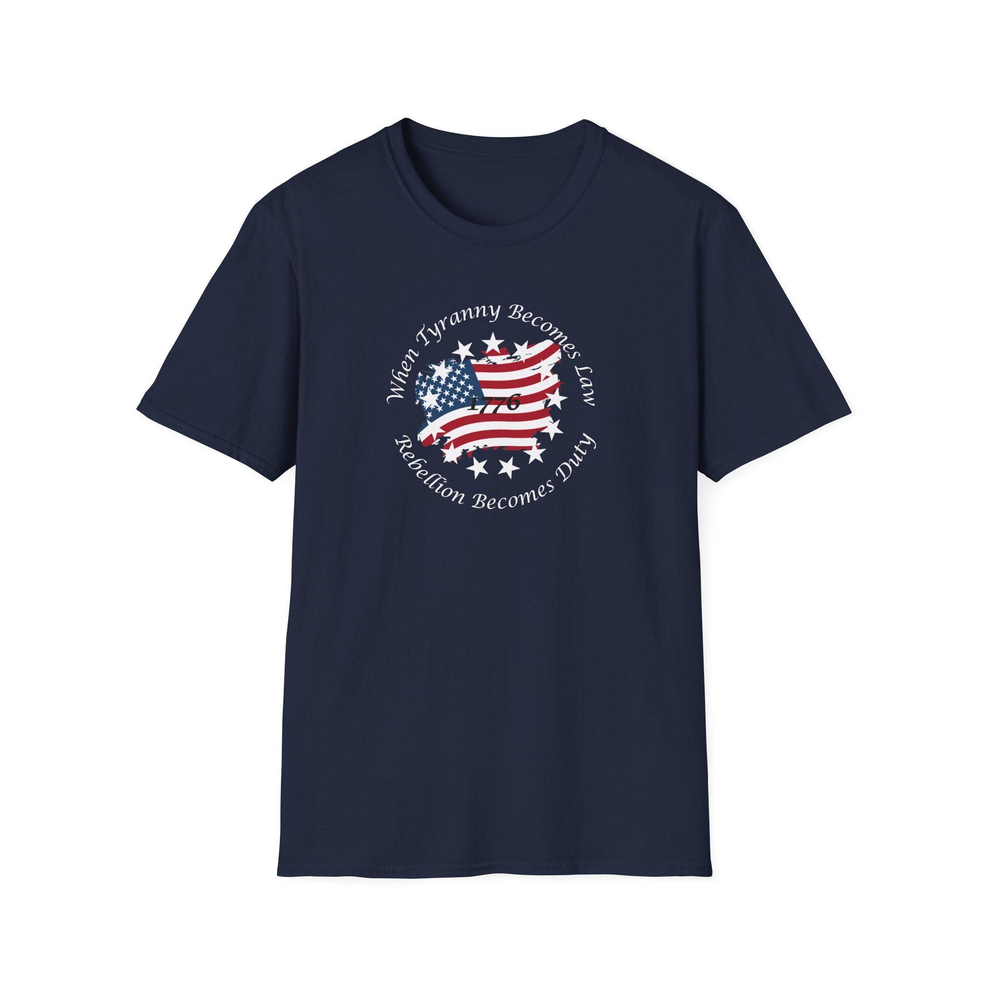 Navy blue unisex t-shirt with a vintage American flag graphic and the quote &quot;When Tyranny Becomes Law, Rebellion Becomes Duty&quot; surrounding the year 1776—bold patriotic shirt perfect for 4th of July and freedom-loving statements.