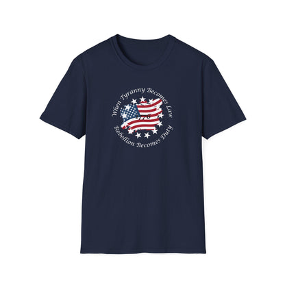 Navy blue unisex t-shirt with a vintage American flag graphic and the quote &quot;When Tyranny Becomes Law, Rebellion Becomes Duty&quot; surrounding the year 1776—bold patriotic shirt perfect for 4th of July and freedom-loving statements.