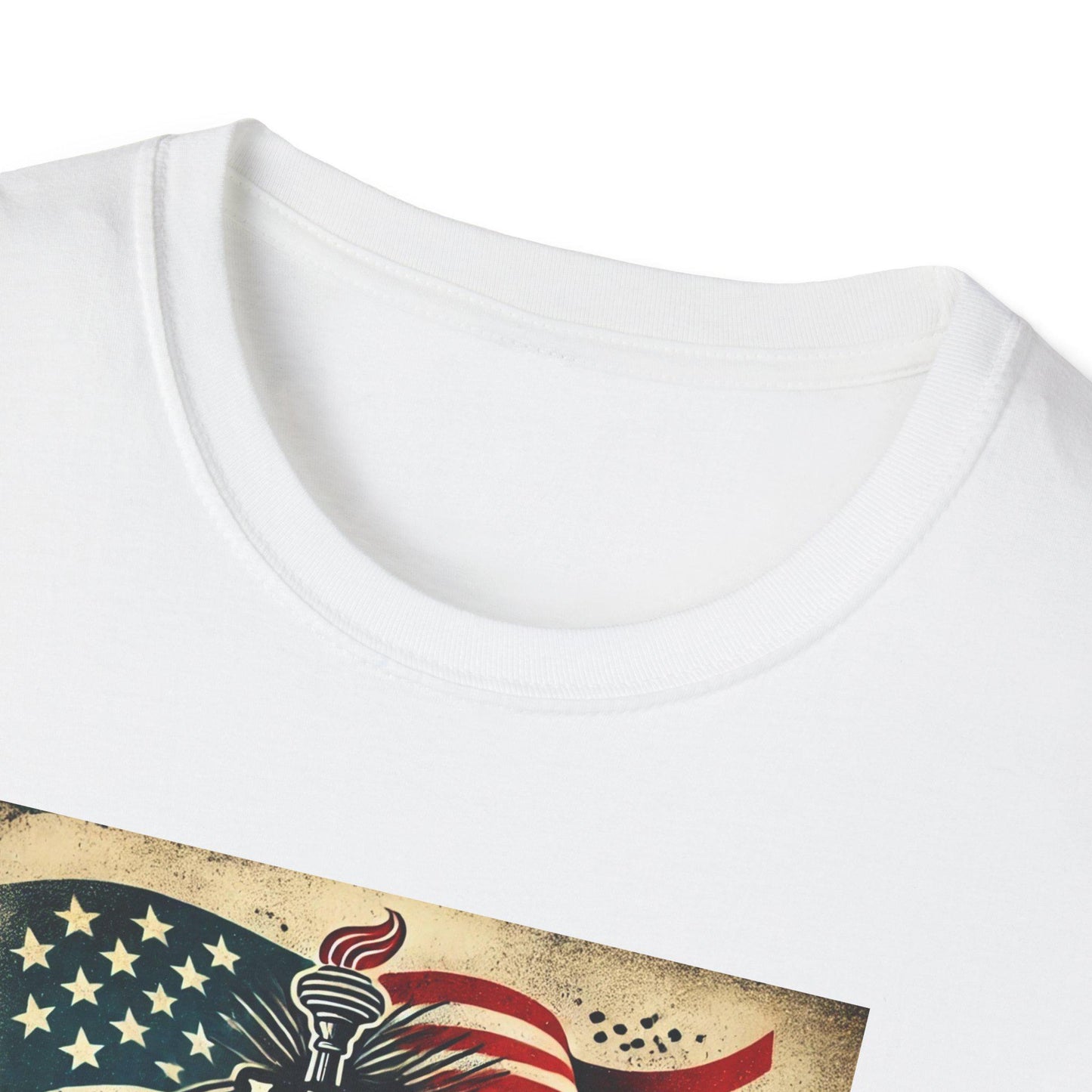 Close-up of white crew neck t-shirt collar featuring vintage &#39;Less Government More Freedom&#39; patriotic print with American flag and torch — high-quality stitching and neckline detail for premium conservative apparel.