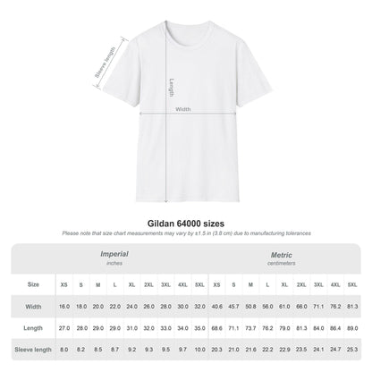 Gildan 64000 unisex t-shirt size chart with imperial and metric measurements for width, length, and sleeve length — includes sizes XS to 5XL with visual sizing guide for accurate fit.