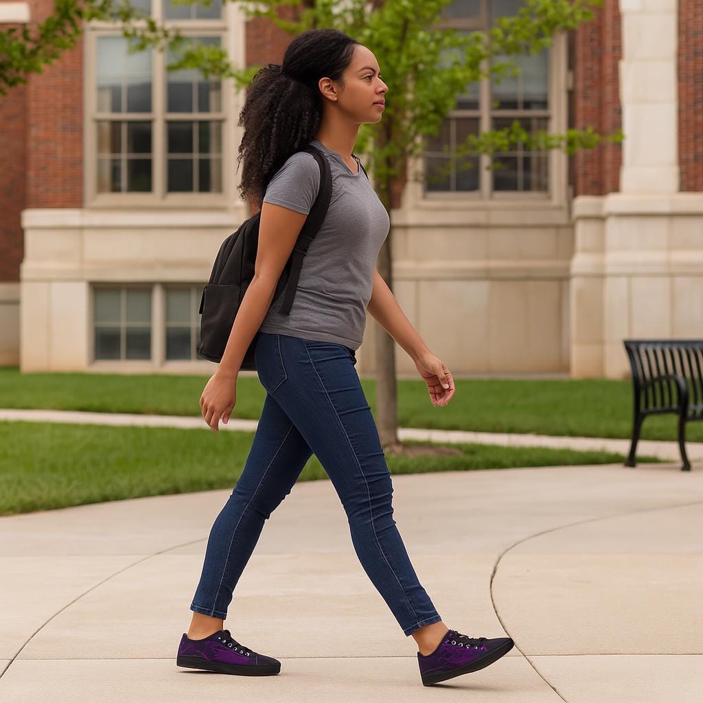 A student wearing a gray t-shirt, blue jeans, and dark purple sneakers walks across a college campus with a black backpack, passing by a red brick building and green trees.