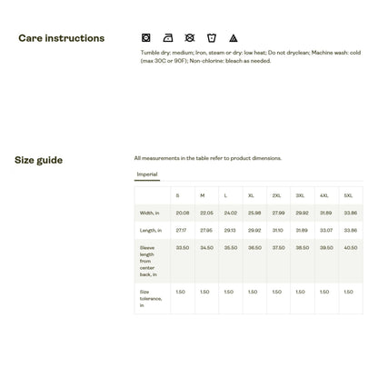 Gildan 18500 hoodie size chart and care instructions graphic. Includes detailed measurements for sizes S to 5XL in width, length, and sleeve length, plus care symbols and washing guidelines. Ideal sizing reference for unisex hooded sweatshirts. Perfect for Etsy hoodie listings, garment fit guide, and apparel care information.