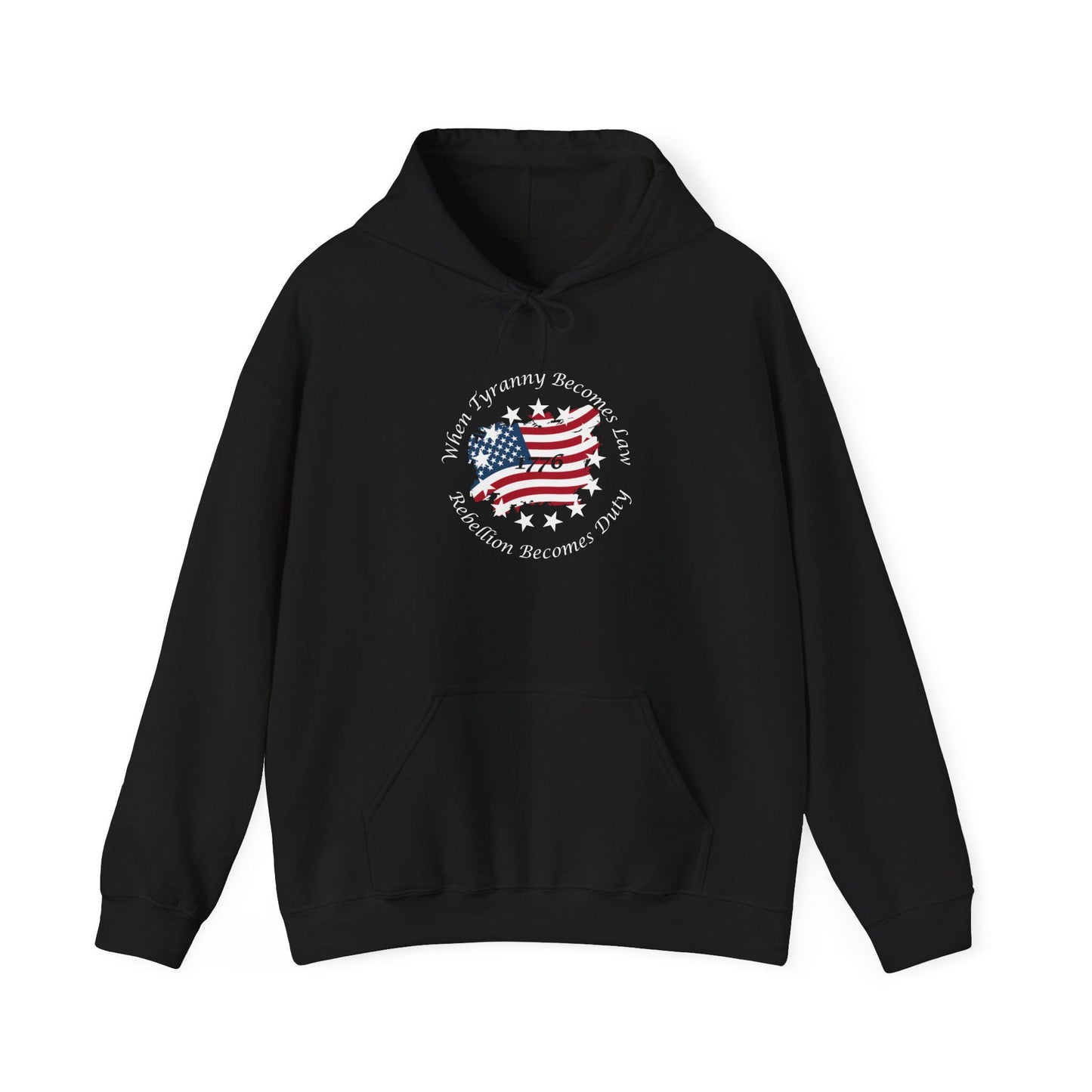 Black unisex patriotic hoodie laid flat on white background, featuring distressed American flag design and “When Tyranny Becomes Law, Rebellion Becomes Duty” quote. 1776 freedom statement pullover sweatshirt, ideal for conservative apparel, pro-America fashion, political expression clothing, and patriotic gifts for men and women.