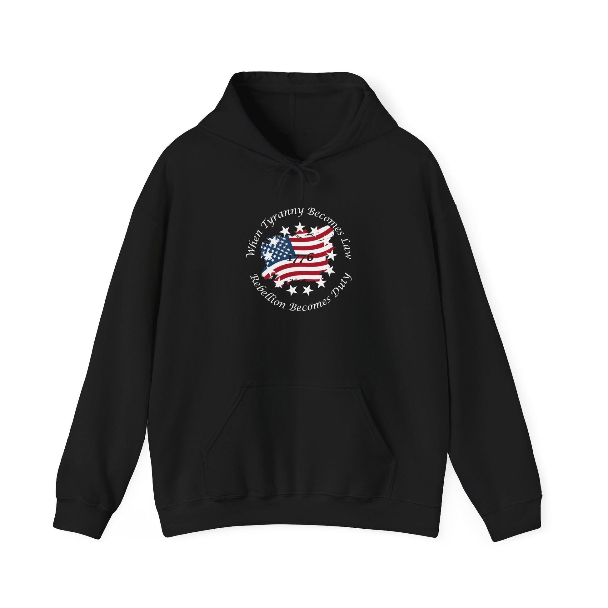 Black unisex patriotic hoodie laid flat on white background, featuring distressed American flag design and “When Tyranny Becomes Law, Rebellion Becomes Duty” quote. 1776 freedom statement pullover sweatshirt, ideal for conservative apparel, pro-America fashion, political expression clothing, and patriotic gifts for men and women.