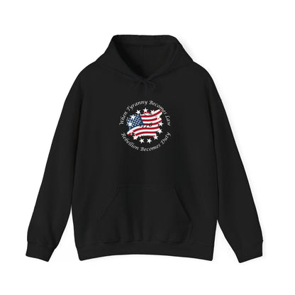 Black unisex patriotic hoodie laid flat on white background, featuring distressed American flag design and “When Tyranny Becomes Law, Rebellion Becomes Duty” quote. 1776 freedom statement pullover sweatshirt, ideal for conservative apparel, pro-America fashion, political expression clothing, and patriotic gifts for men and women.