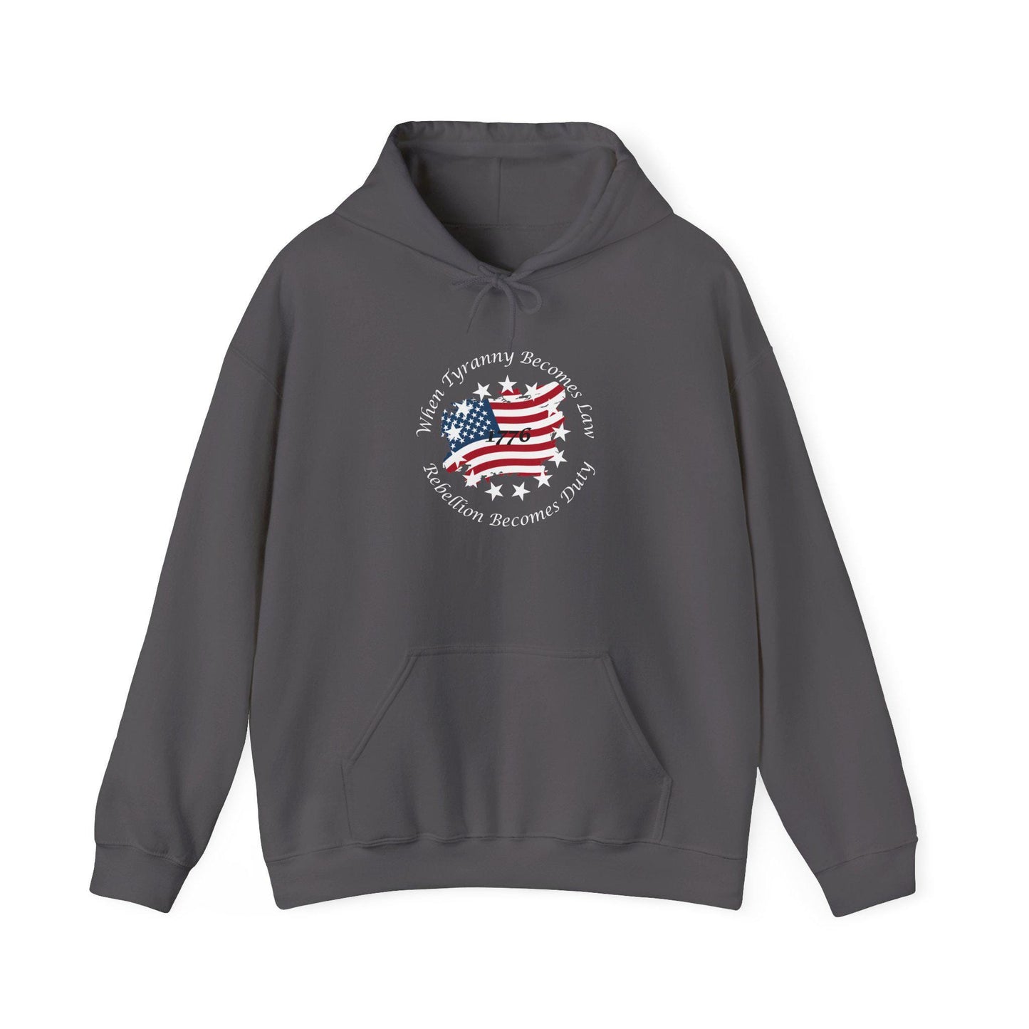 Gray unisex hoodie with patriotic 1776 design featuring distressed American flag and quote “When Tyranny Becomes Law, Rebellion Becomes Duty,” displayed flat on white background. Bold freedom statement sweatshirt for men and women, ideal conservative apparel, pro-liberty pullover, and patriotic gift idea for USA pride lovers.