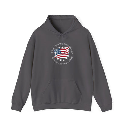 Gray unisex hoodie with patriotic 1776 design featuring distressed American flag and quote “When Tyranny Becomes Law, Rebellion Becomes Duty,” displayed flat on white background. Bold freedom statement sweatshirt for men and women, ideal conservative apparel, pro-liberty pullover, and patriotic gift idea for USA pride lovers.