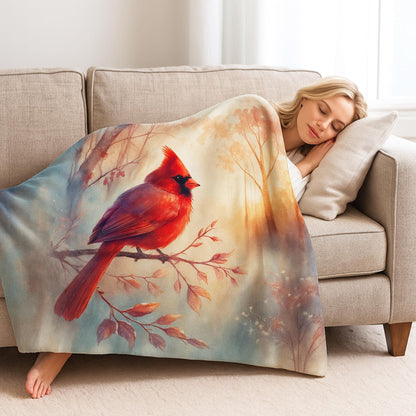 Woman peacefully sleeping on a beige couch, covered with a blanket featuring a vibrant red cardinal perched on a branch against a soft, dreamy forest background.