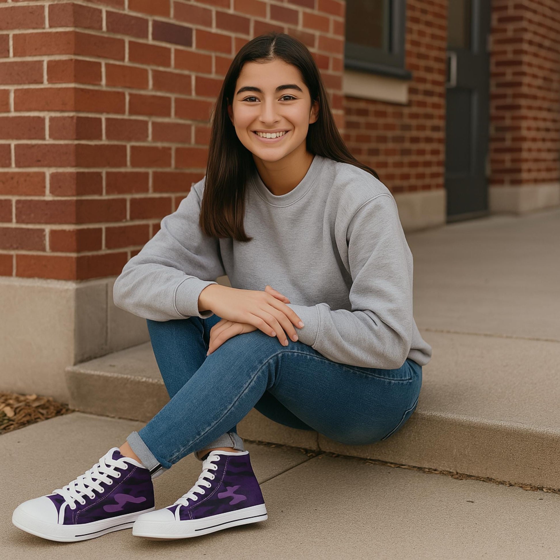 A young woman with long dark hair is sitting on a concrete step outside a brick building. She is smiling at the camera and wearing a light gray sweatshirt, blue jeans, and purple high-top sneakers with white laces and soles.