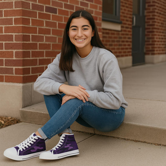 A young woman with long dark hair is sitting on a concrete step outside a brick building. She is smiling at the camera and wearing a light gray sweatshirt, blue jeans, and purple high-top sneakers with white laces and soles.