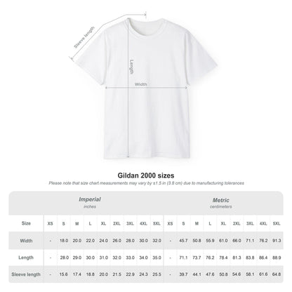 A size chart for Gildan 2000 unisex T-shirts is shown alongside a white T-shirt with labeled measurement lines for length, width, and sleeve length. The chart includes sizes from S to 5XL in both Imperial (inches) and Metric (centimeters) units. It notes that measurements may vary by ±1.5 inches (3.8 cm) due to manufacturing tolerances. The chart lists detailed measurements for width, length, and sleeve length for each size to assist with accurate sizing.