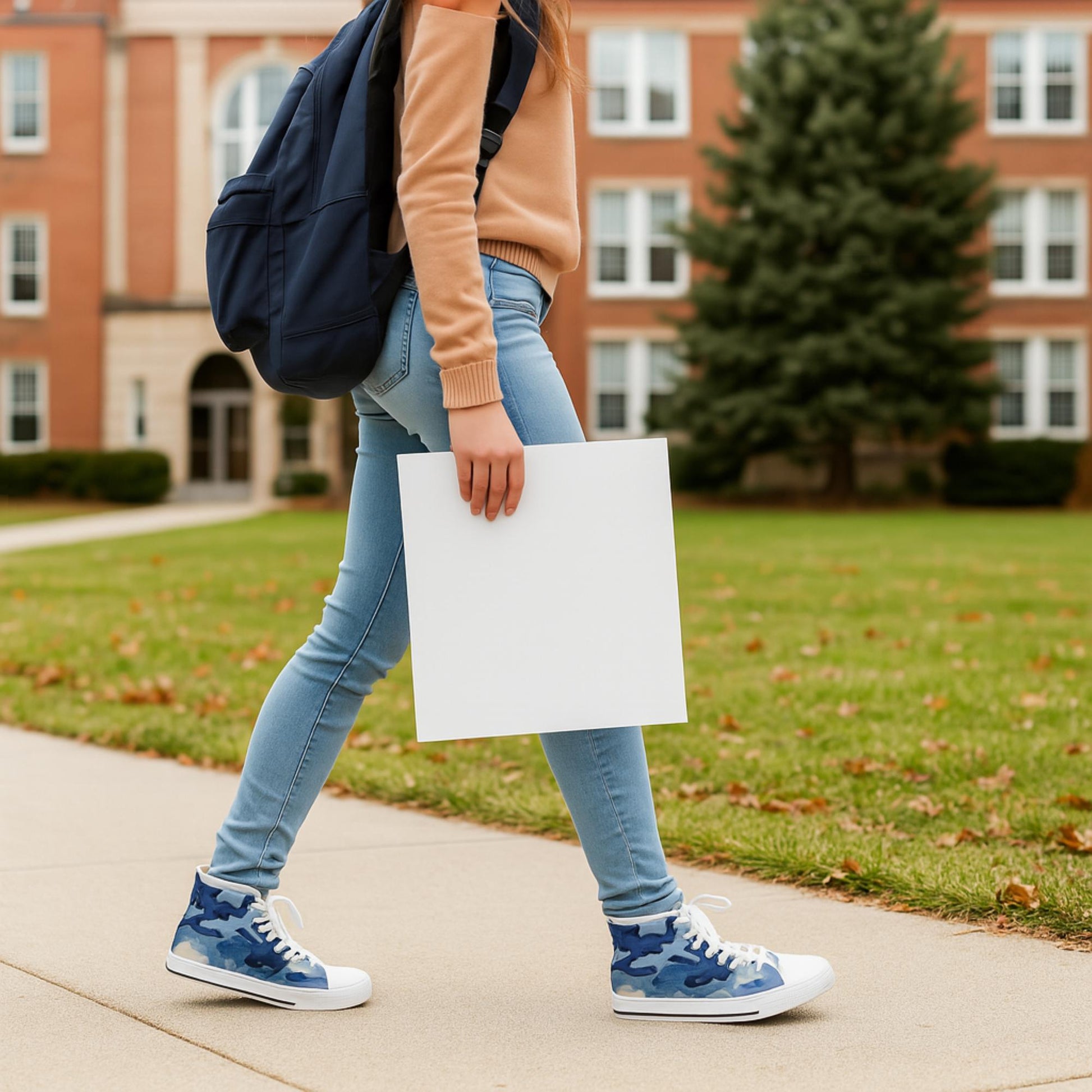 A young woman walks across a college campus sidewalk wearing light blue skinny jeans, a tan sweater, and blue camouflage high-top sneakers. She carries a navy backpack and holds a blank white square sign in one hand. A red-brick academic building and a large evergreen tree are visible in the background.