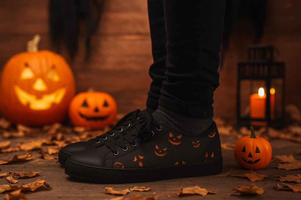 Black Halloween canvas sneakers with orange jack-o&#39;-lantern face pattern, gothic fall footwear for men and women, spooky Halloween-themed low-top shoes perfect for October outfits and autumn parties – modeled outdoors on rustic wood floor with pumpkins, dried leaves, and candle lantern background.