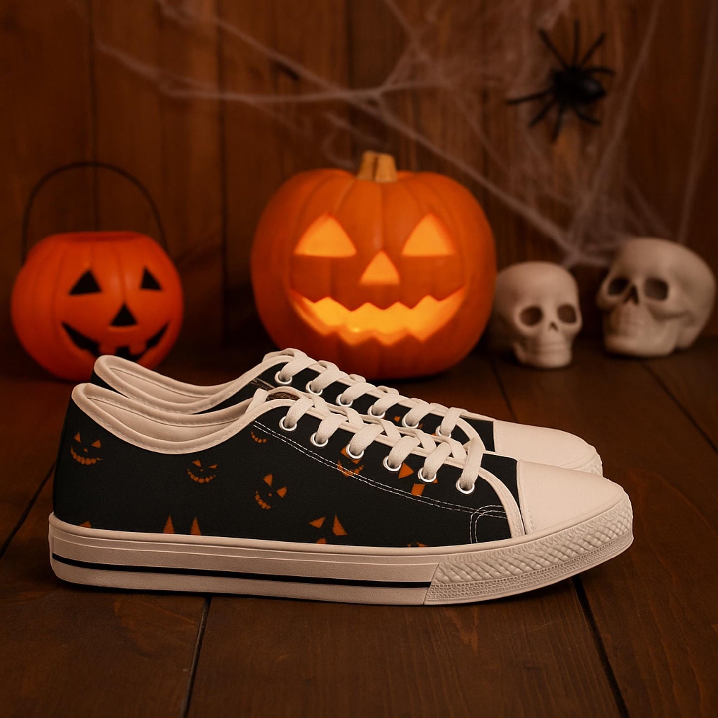 Halloween jack-o&#39;-lantern low-top canvas sneakers for women, black and white lace-up shoes with spooky pumpkin face pattern, perfect Halloween footwear for fall parties and trick-or-treat style – displayed with carved pumpkins, skulls, spider and cobwebs on rustic wood background.