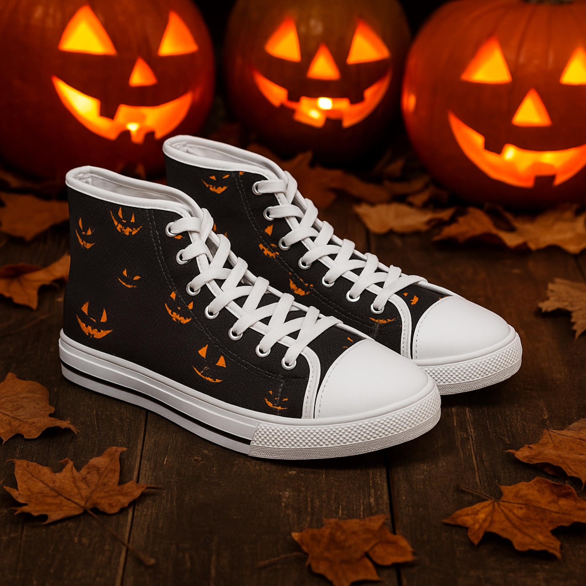 Pair of black high-top sneakers with white soles and laces, featuring a repeating pattern of glowing orange jack-o&#39;-lantern faces. The shoes are displayed on a wooden floor surrounded by autumn leaves, with carved, lit pumpkins in the background creating a festive Halloween atmosphere.