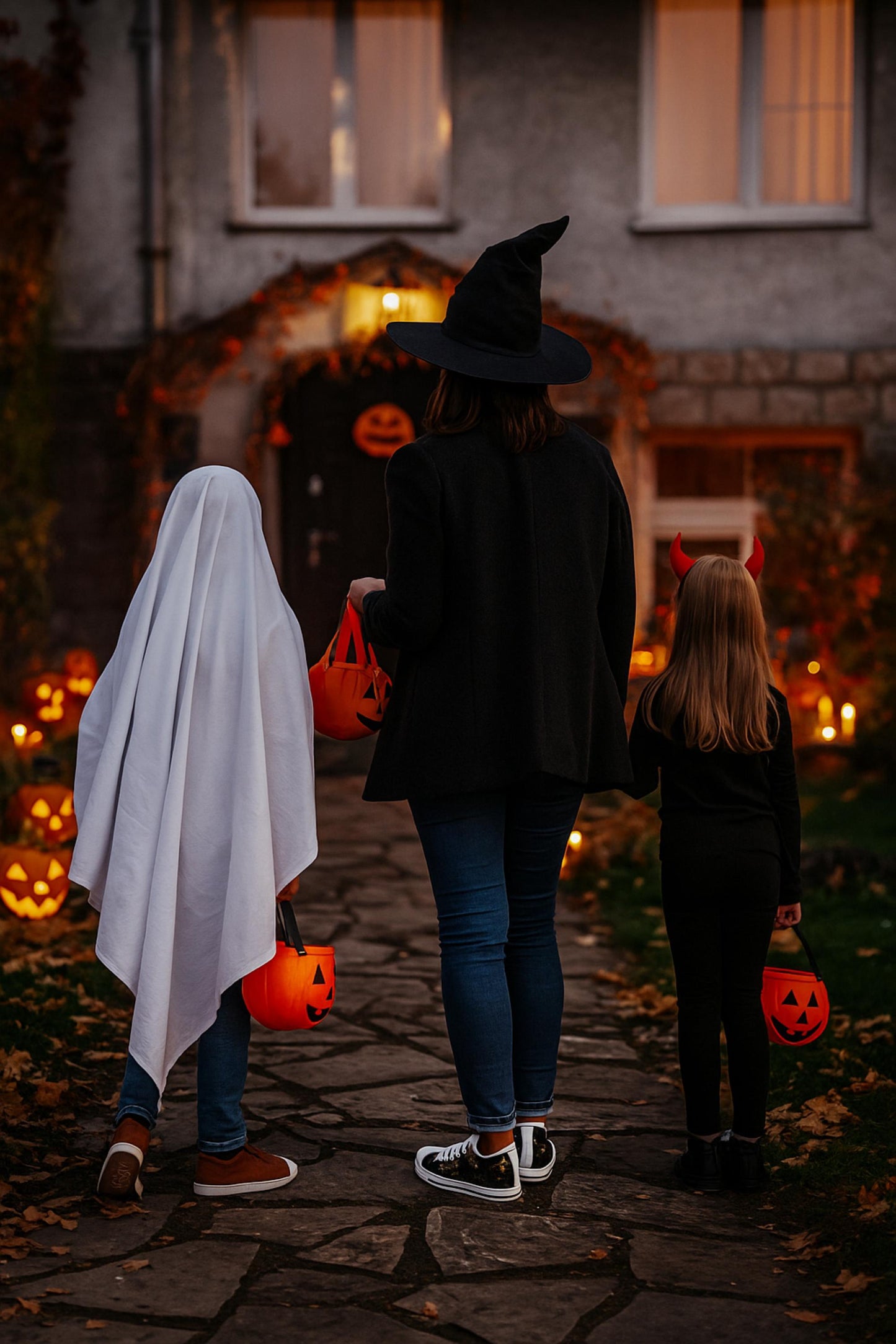 Three people dressed in Halloween costumes walking on a stone path toward a decorated house at dusk. One child is dressed as a ghost with a white sheet, another wears a devil costume with red horns, and the adult in the center wears a witch hat and black Halloween-themed sneakers with glowing jack-o&#39;-lantern faces. Each person carries an orange pumpkin-shaped candy bucket. The path is lined with glowing jack-o&#39;-lanterns, creating a festive and spooky atmosphere.