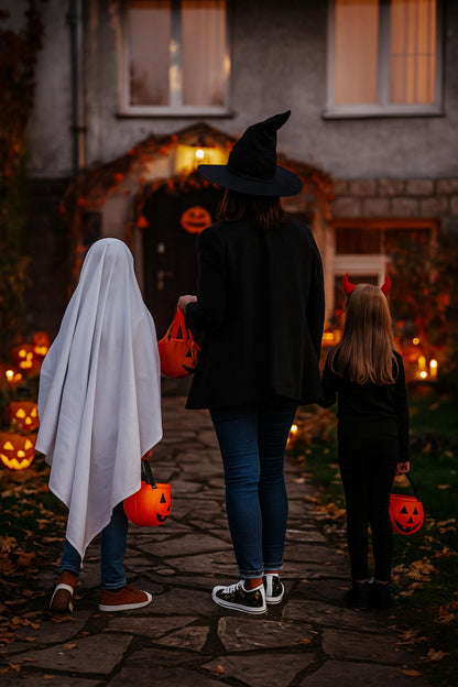 Three people dressed in Halloween costumes walking on a stone path toward a decorated house at dusk. One child is dressed as a ghost with a white sheet, another wears a devil costume with red horns, and the adult in the center wears a witch hat and black Halloween-themed sneakers with glowing jack-o&#39;-lantern faces. Each person carries an orange pumpkin-shaped candy bucket. The path is lined with glowing jack-o&#39;-lanterns, creating a festive and spooky atmosphere.
