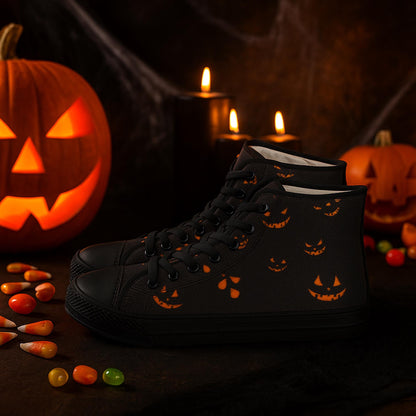 Pair of black high-top sneakers with glowing orange jack-o&#39;-lantern faces printed on the sides. The shoes are surrounded by Halloween decorations, including carved pumpkins, black candles, candy corn, and jelly beans, set against a dark, spooky backdrop with cobwebs and warm candlelight.