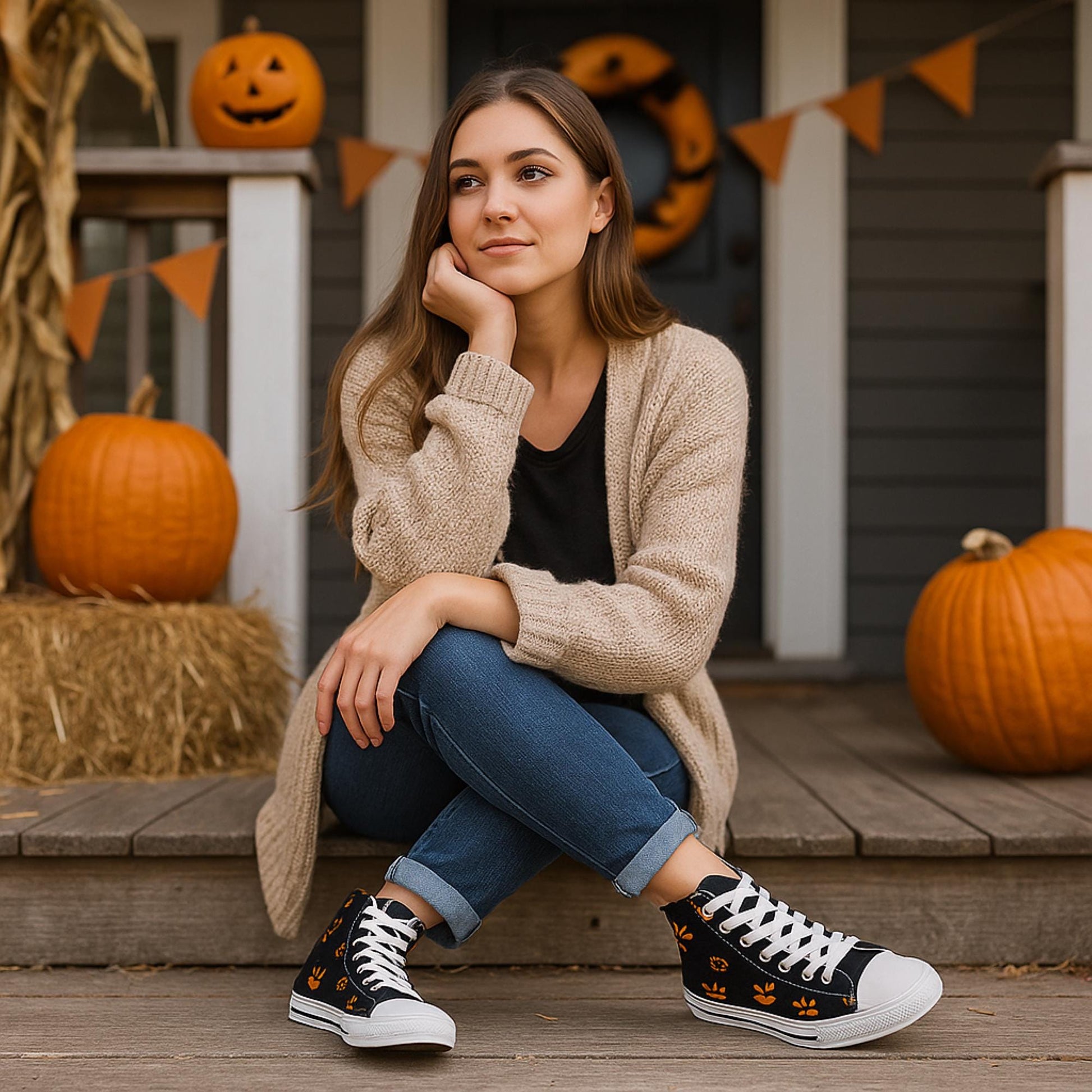 Young woman sitting on a wooden porch decorated for Halloween with pumpkins, hay bales, and orange bunting. She is wearing a beige cardigan, jeans, and black high-top sneakers featuring orange jack-o&#39;-lantern faces. A Halloween wreath hangs on the door behind her, creating a festive autumn atmosphere.