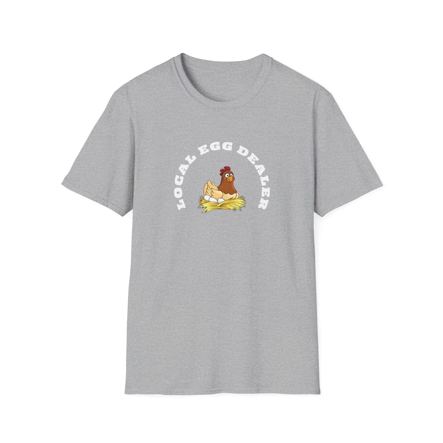 Etsy SEO Writer said:

Gray unisex t-shirt featuring a playful design with a cartoon hen sitting on a nest of eggs. Above the illustration, bold white text reads “LOCAL EGG DEALER” in a curved arch. The shirt is laid flat on a white background, showcasing the graphic and classic crew neck style.