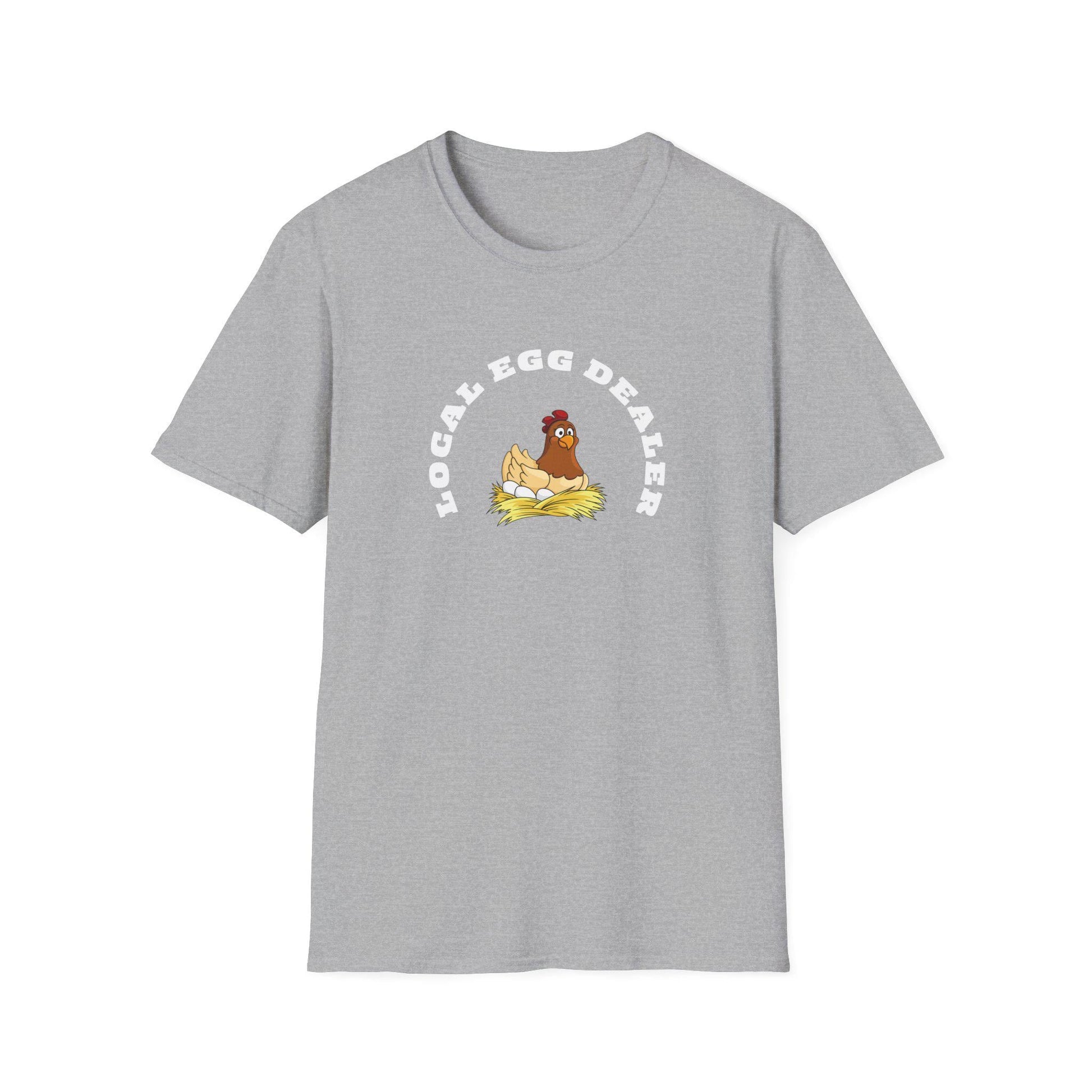 Etsy SEO Writer said:

Gray unisex t-shirt featuring a playful design with a cartoon hen sitting on a nest of eggs. Above the illustration, bold white text reads “LOCAL EGG DEALER” in a curved arch. The shirt is laid flat on a white background, showcasing the graphic and classic crew neck style.