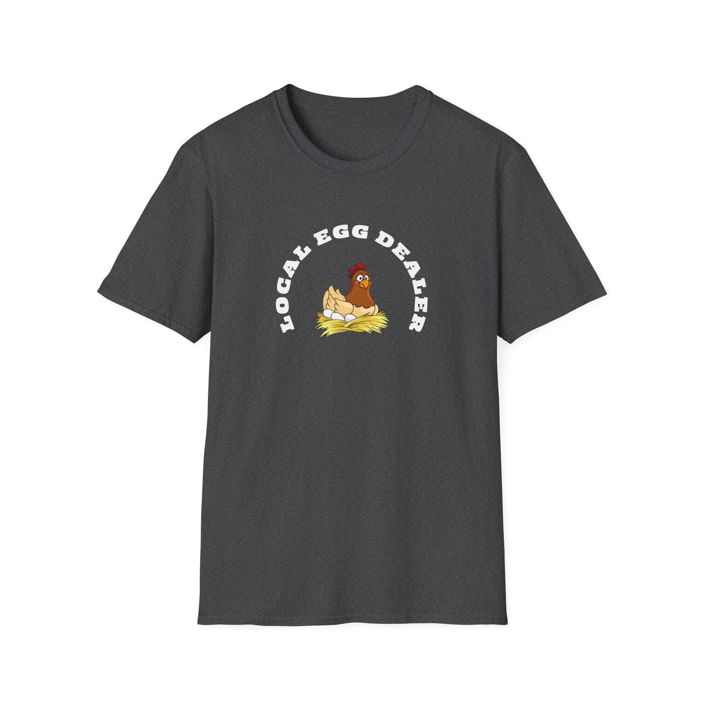 Charcoal heather unisex t-shirt featuring a fun and quirky graphic of a cartoon hen sitting on a nest of eggs. The phrase “LOCAL EGG DEALER” is printed in bold white curved text above the illustration. The shirt is laid flat on a white background, showing off its soft texture, classic fit, and crew neckline.