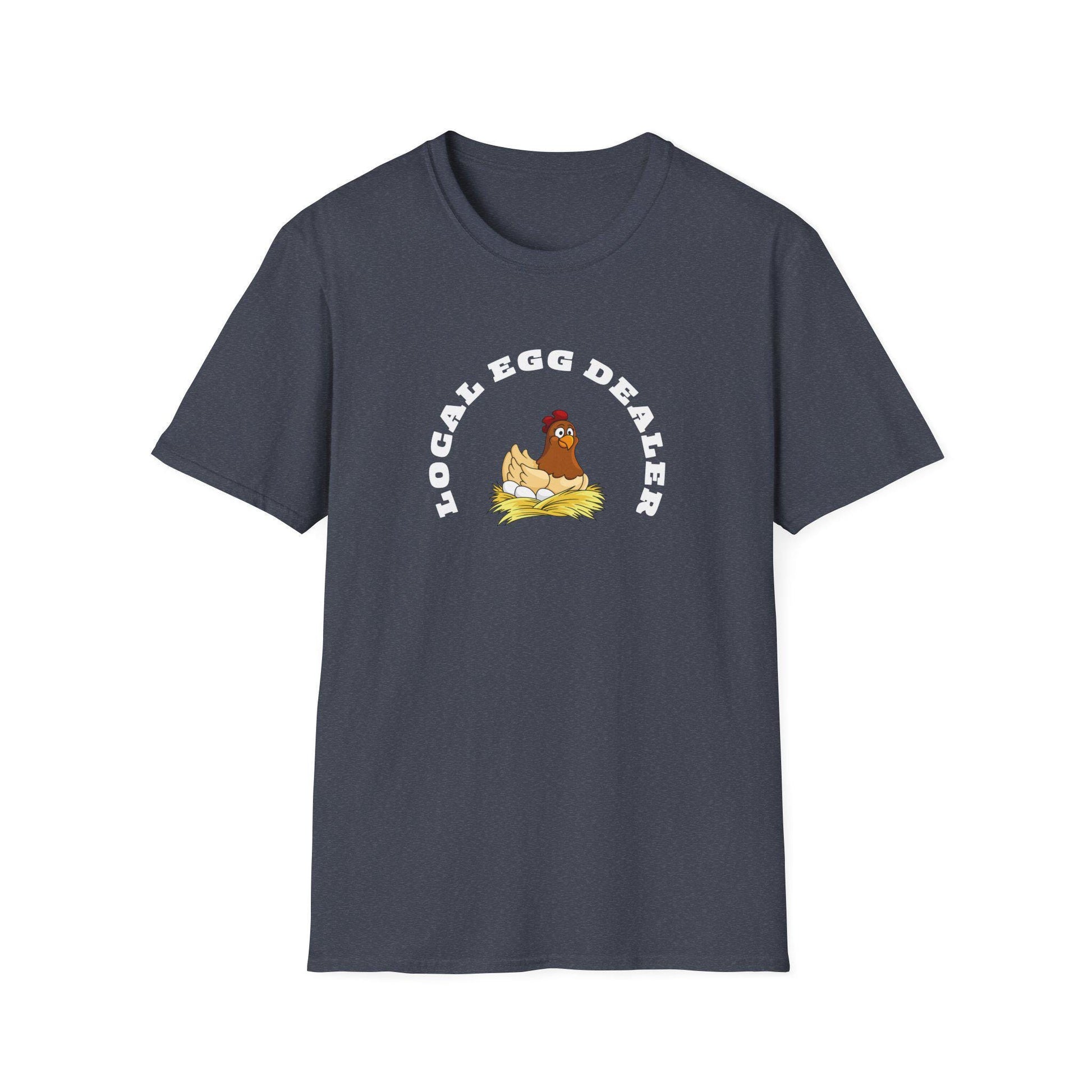 Heather navy unisex t-shirt featuring a whimsical design of a cartoon hen sitting on a nest of eggs. Above the illustration, bold white text reads “LOCAL EGG DEALER” in a curved arch. The shirt is displayed flat on a white background, showcasing its casual crew neck style.